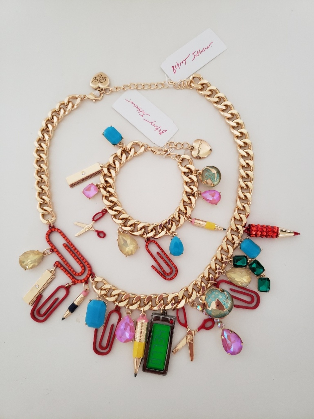Betsey Johnson Back To School Charm Statement Necklace & Bracelet Set